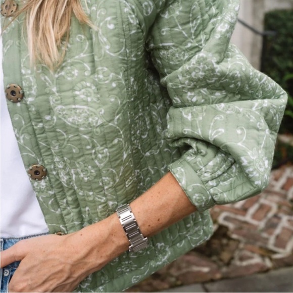 AERIN x Julia Amory Devon Quilted Ikat Jacket 100% Cotton Green Floral Size L - Picture 2 of 11